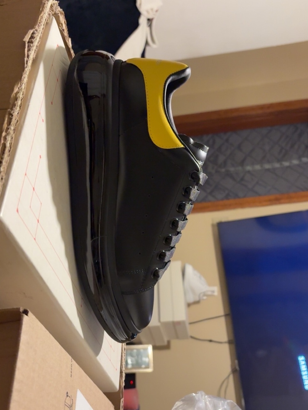Alexander McQueen Black Leather Sneakers with Yellow Heel Panel - Picture 7 of 7